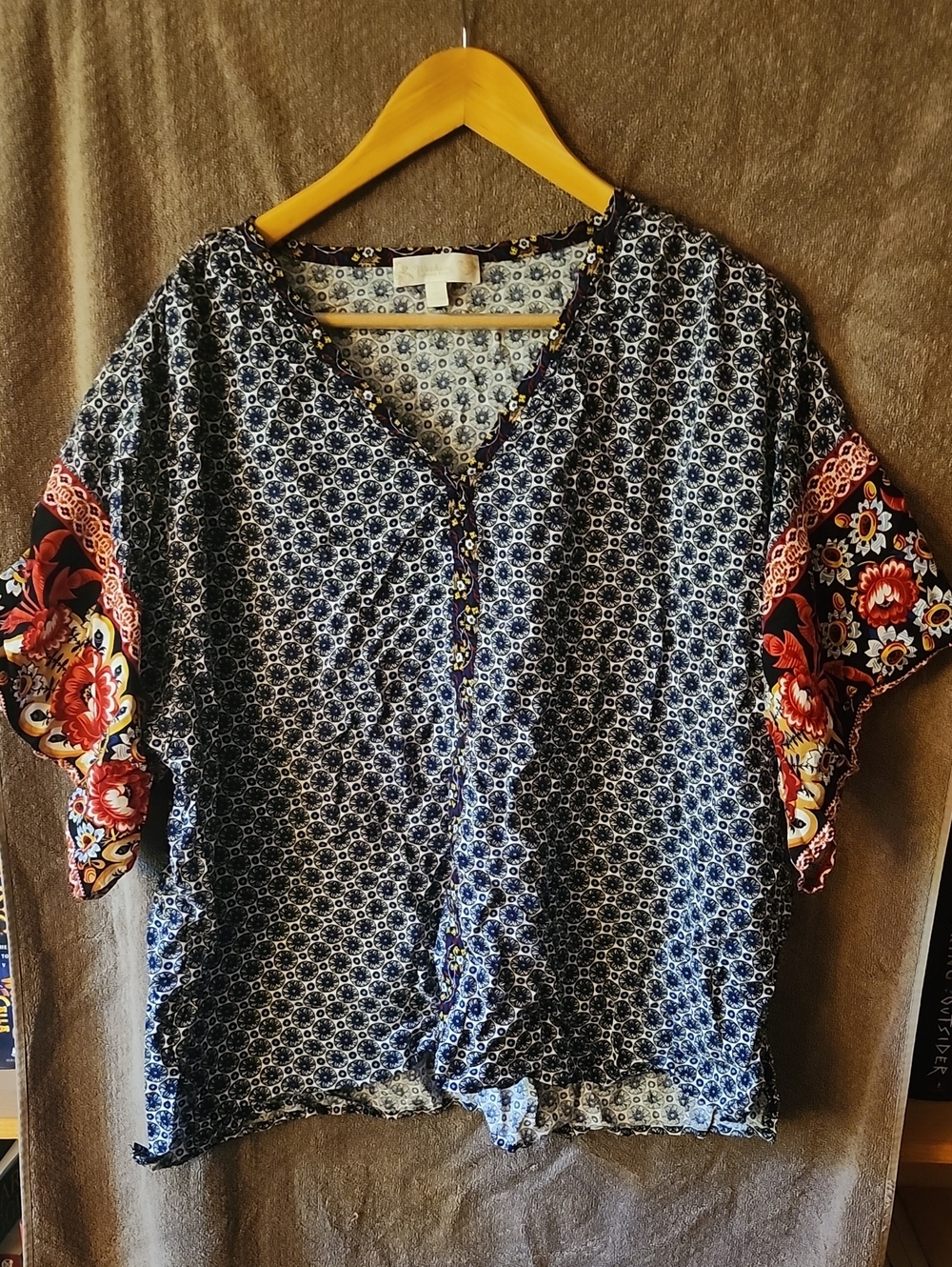 Women’s Blue Printed Top with Floral Sleeves
